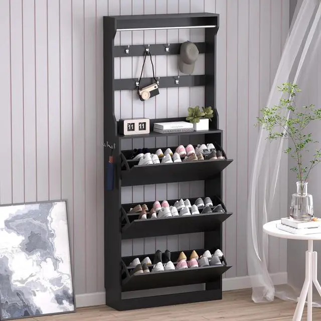 Main image of Shoe Cabinet with 3 Flip Drawers & Coat Rack, Narrow Hidden Shoe Storage Cabinet, 2-in-1 Hall Tree Slim Freestanding Shoe Rack Organizer for Entryway, Hallway, and Living Room