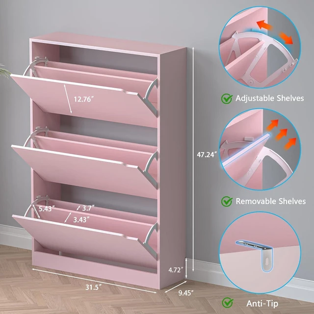 Alt view image 2 of 7 - Shoe Cabinet with 3 Flip Drawers, Hidden Wood Shoe Cabinet,Freestanding Shoe Storage Cabinet for Entryway Hallway.White. 47.2" H*31.5" W*9.45" D (Pink)