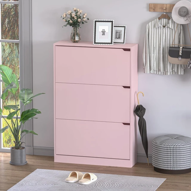 Alt view image 3 of 7 - Shoe Cabinet with 3 Flip Drawers, Hidden Wood Shoe Cabinet,Freestanding Shoe Storage Cabinet for Entryway Hallway.White. 47.2" H*31.5" W*9.45" D (Pink)