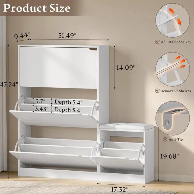 Alt view image 2 of 7 - Shoe Cabinet with Bench and 3 Flip Drawers, Slim Narrow Shoe Storage Cabinet, Freestanding Shoe Rack Organizer with Adjustable & Removable Shelves, Anti-Tip for Entryway, Hallway, Foyer