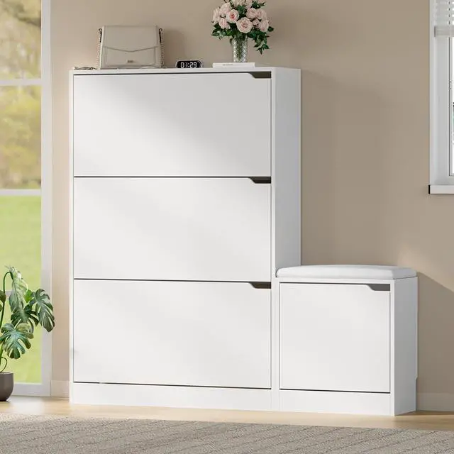 Alt view image 3 of 7 - Shoe Cabinet with Bench and 3 Flip Drawers, Slim Narrow Shoe Storage Cabinet, Freestanding Shoe Rack Organizer with Adjustable & Removable Shelves, Anti-Tip for Entryway, Hallway, Foyer