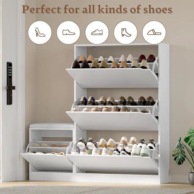 Alt view image 4 of 7 - Shoe Cabinet with Bench and 3 Flip Drawers, Slim Narrow Shoe Storage Cabinet, Freestanding Shoe Rack Organizer with Adjustable & Removable Shelves, Anti-Tip for Entryway, Hallway, Foyer