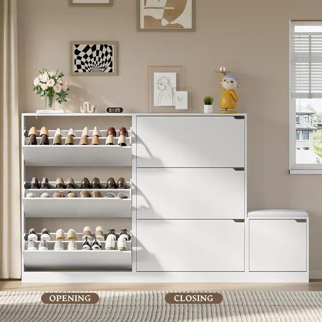 Alt view image 5 of 7 - Shoe Cabinet with Bench and 3 Flip Drawers, Slim Narrow Shoe Storage Cabinet, Freestanding Shoe Rack Organizer with Adjustable & Removable Shelves, Anti-Tip for Entryway, Hallway, Foyer