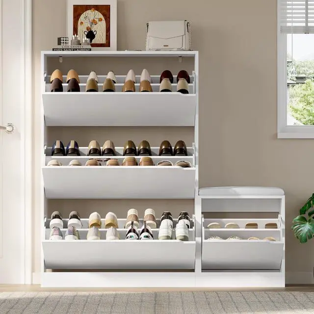 Alt view image 7 of 7 - Shoe Cabinet with Bench and 3 Flip Drawers, Slim Narrow Shoe Storage Cabinet, Freestanding Shoe Rack Organizer with Adjustable & Removable Shelves, Anti-Tip for Entryway, Hallway, Foyer