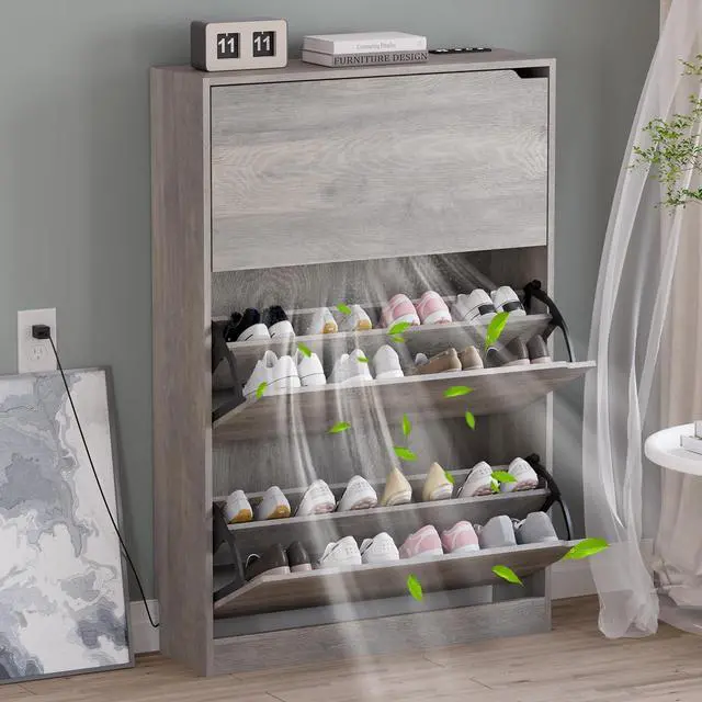 Main image of Shoe Cabinet with Odor Control and Back Panels, Deodorizing Slim 3-Flip Shoe Storage Cabinet for Entryway, Freestanding Hidden Shoe Rack Organizer for Entrance, Hallway, Bedroom