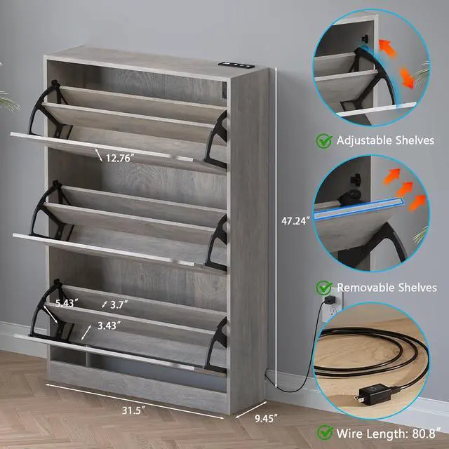 Alt view image 2 of 7 - Shoe Cabinet with Odor Control and Back Panels, Deodorizing Slim 3-Flip Shoe Storage Cabinet for Entryway, Freestanding Hidden Shoe Rack Organizer for Entrance, Hallway, Bedroom