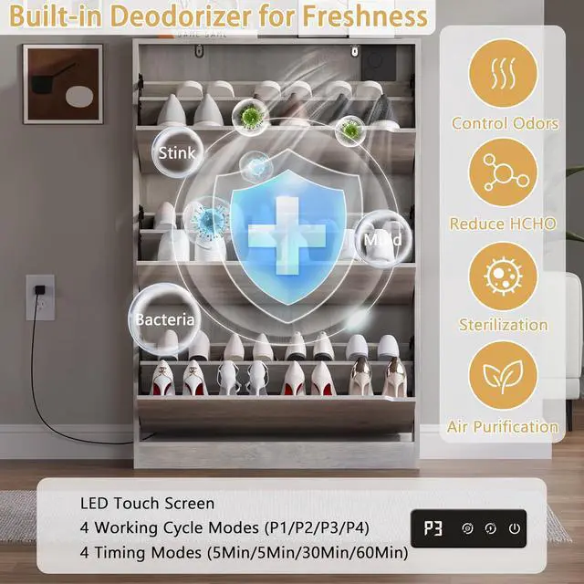 Alt view image 3 of 7 - Shoe Cabinet with Odor Control and Back Panels, Deodorizing Slim 3-Flip Shoe Storage Cabinet for Entryway, Freestanding Hidden Shoe Rack Organizer for Entrance, Hallway, Bedroom