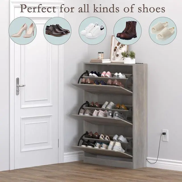 Alt view image 4 of 7 - Shoe Cabinet with Odor Control and Back Panels, Deodorizing Slim 3-Flip Shoe Storage Cabinet for Entryway, Freestanding Hidden Shoe Rack Organizer for Entrance, Hallway, Bedroom