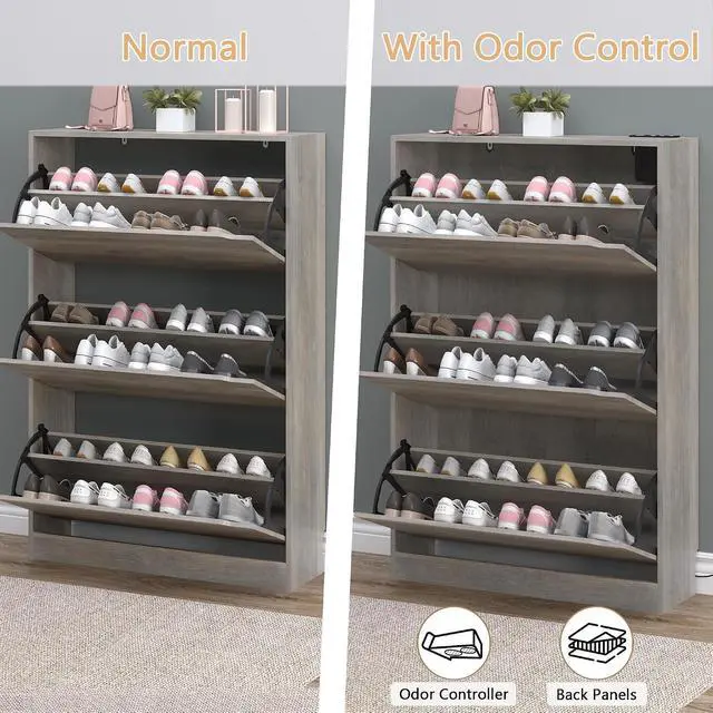 Alt view image 5 of 7 - Shoe Cabinet with Odor Control and Back Panels, Deodorizing Slim 3-Flip Shoe Storage Cabinet for Entryway, Freestanding Hidden Shoe Rack Organizer for Entrance, Hallway, Bedroom