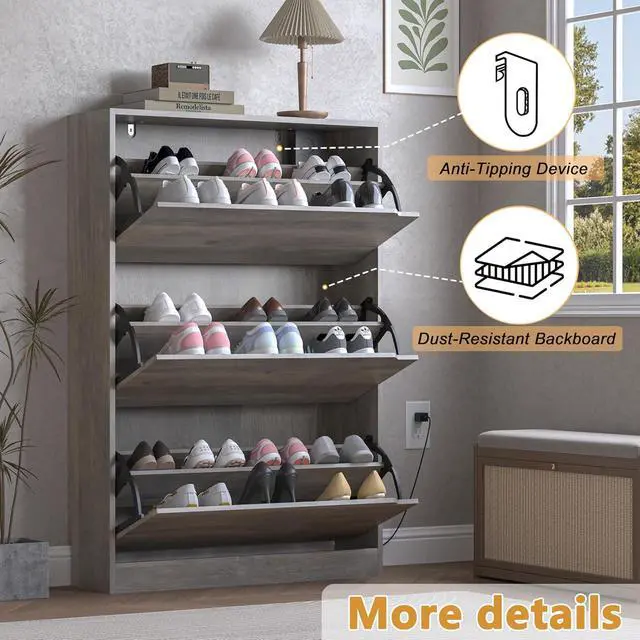 Alt view image 6 of 7 - Shoe Cabinet with Odor Control and Back Panels, Deodorizing Slim 3-Flip Shoe Storage Cabinet for Entryway, Freestanding Hidden Shoe Rack Organizer for Entrance, Hallway, Bedroom