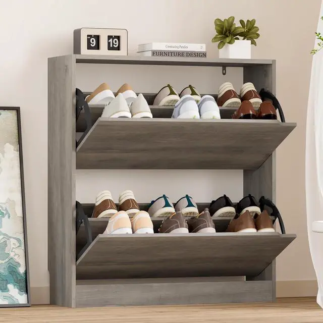 Main image of Shoe Cabinet with 2 Flip Drawers, Slim Narrow Shoe Storage Cabinet, Freestanding Shoe Organizer with Adjustable & Removable Shelves, Top Display Shelf for Entryway, Hallway, Foyer, Closet