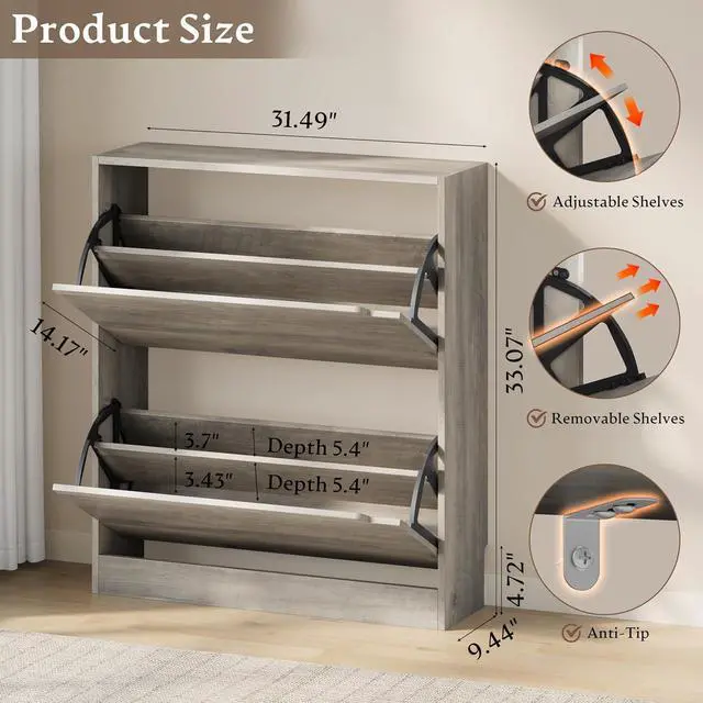Alt view image 2 of 7 - Shoe Cabinet with 2 Flip Drawers, Slim Narrow Shoe Storage Cabinet, Freestanding Shoe Organizer with Adjustable & Removable Shelves, Top Display Shelf for Entryway, Hallway, Foyer, Closet
