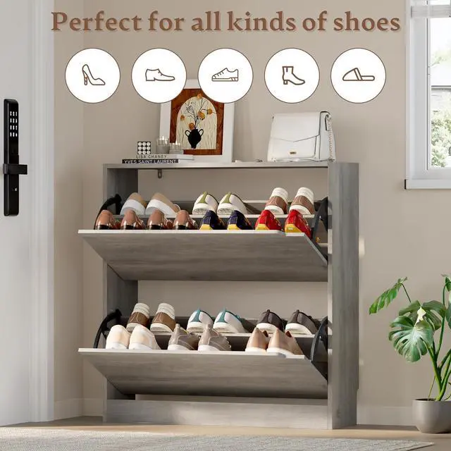 Alt view image 4 of 7 - Shoe Cabinet with 2 Flip Drawers, Slim Narrow Shoe Storage Cabinet, Freestanding Shoe Organizer with Adjustable & Removable Shelves, Top Display Shelf for Entryway, Hallway, Foyer, Closet