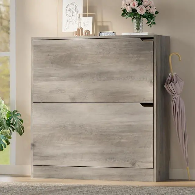 Alt view image 3 of 7 - Shoe Cabinet with 2 Flip Drawers, Slim Narrow Shoe Storage Cabinet, Freestanding Shoe Organizer with Adjustable & Removable Shelves, Top Display Shelf for Entryway, Hallway, Foyer, Closet