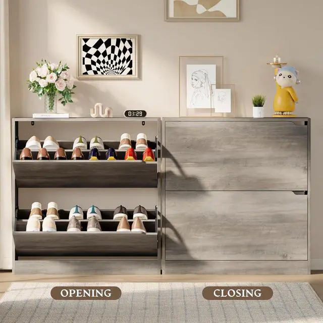 Alt view image 5 of 7 - Shoe Cabinet with 2 Flip Drawers, Slim Narrow Shoe Storage Cabinet, Freestanding Shoe Organizer with Adjustable & Removable Shelves, Top Display Shelf for Entryway, Hallway, Foyer, Closet