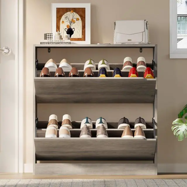 Alt view image 7 of 7 - Shoe Cabinet with 2 Flip Drawers, Slim Narrow Shoe Storage Cabinet, Freestanding Shoe Organizer with Adjustable & Removable Shelves, Top Display Shelf for Entryway, Hallway, Foyer, Closet