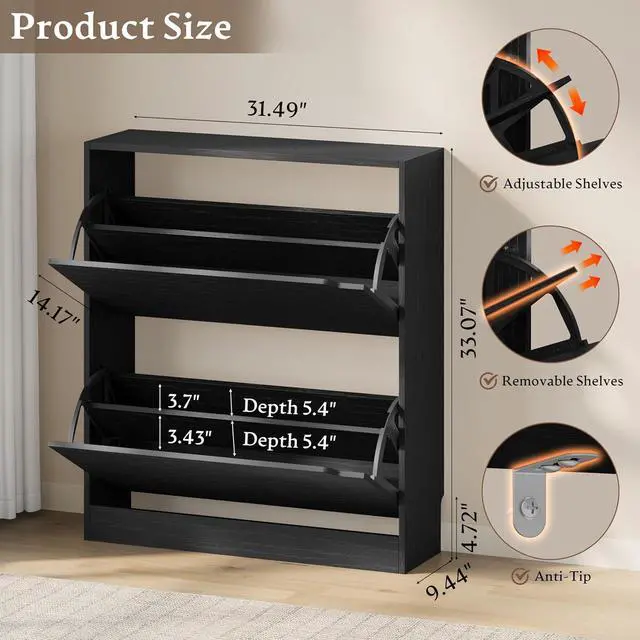 Alt view image 2 of 7 - Shoe Cabinet with 2 Flip Drawers, Slim Narrow Shoe Storage Cabinet, Freestanding Shoe Organizer with Adjustable & Removable Shelves, Top Display Shelf for Entryway, Hallway, Foyer, Closet
