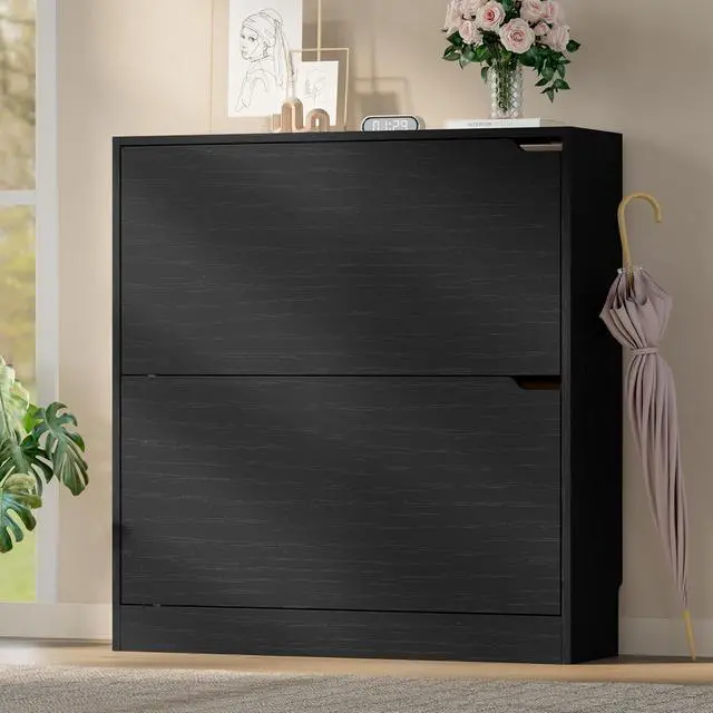Alt view image 3 of 7 - Shoe Cabinet with 2 Flip Drawers, Slim Narrow Shoe Storage Cabinet, Freestanding Shoe Organizer with Adjustable & Removable Shelves, Top Display Shelf for Entryway, Hallway, Foyer, Closet