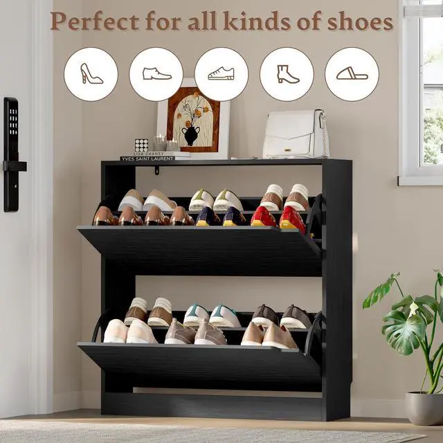 Alt view image 4 of 7 - Shoe Cabinet with 2 Flip Drawers, Slim Narrow Shoe Storage Cabinet, Freestanding Shoe Organizer with Adjustable & Removable Shelves, Top Display Shelf for Entryway, Hallway, Foyer, Closet