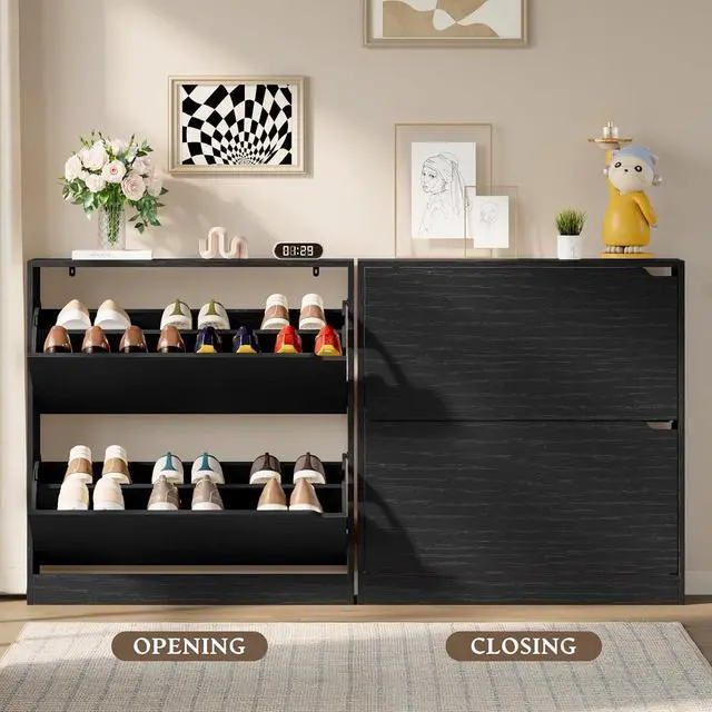 Alt view image 5 of 7 - Shoe Cabinet with 2 Flip Drawers, Slim Narrow Shoe Storage Cabinet, Freestanding Shoe Organizer with Adjustable & Removable Shelves, Top Display Shelf for Entryway, Hallway, Foyer, Closet
