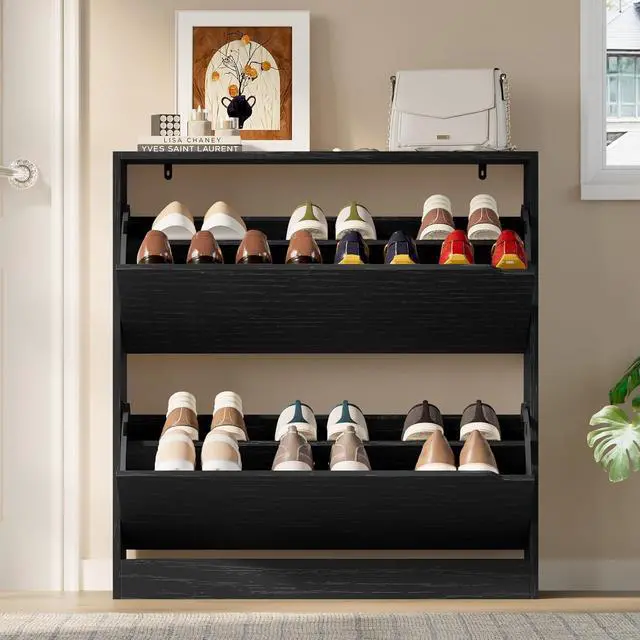 Alt view image 7 of 7 - Shoe Cabinet with 2 Flip Drawers, Slim Narrow Shoe Storage Cabinet, Freestanding Shoe Organizer with Adjustable & Removable Shelves, Top Display Shelf for Entryway, Hallway, Foyer, Closet