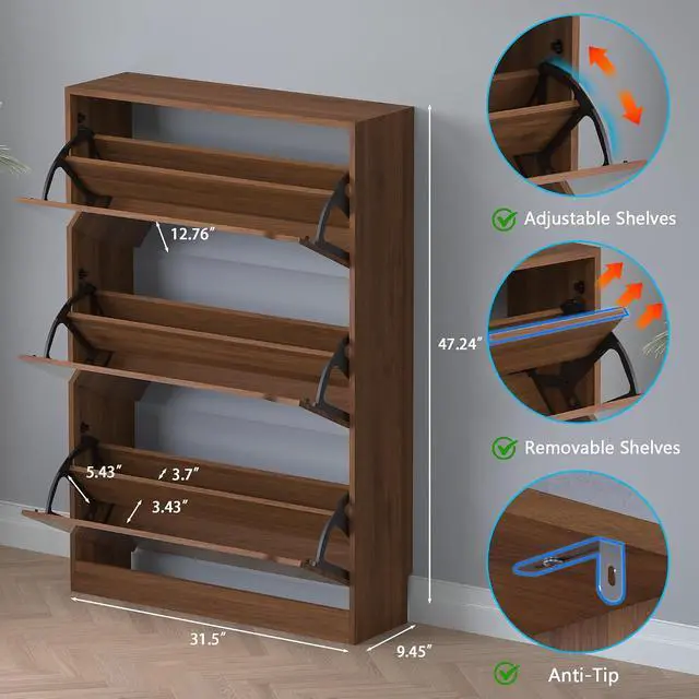 Alt view image 2 of 7 - Shoe Cabinet with 3-Flip Mirror Drawers, Freestanding Shoe Rack Organizer with Hidden Handle, Slim Narrow Shoe Storage Cabinet for Entryway, Entrance, Hallway, Bedroom
