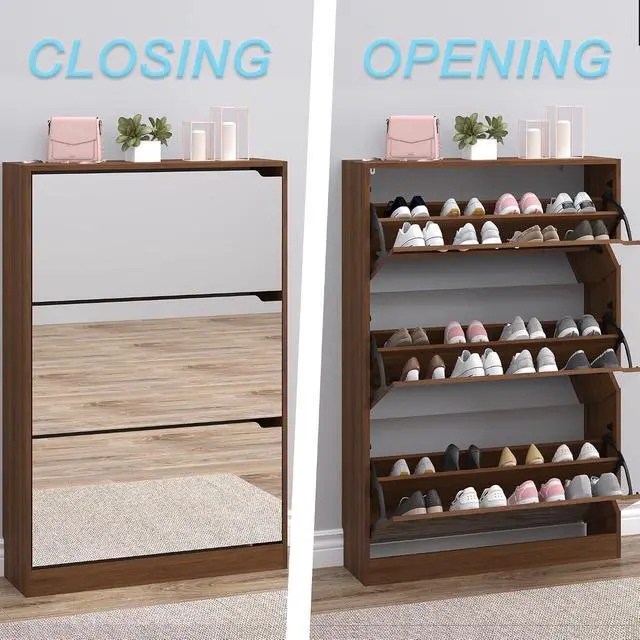 Alt view image 5 of 7 - Shoe Cabinet with 3-Flip Mirror Drawers, Freestanding Shoe Rack Organizer with Hidden Handle, Slim Narrow Shoe Storage Cabinet for Entryway, Entrance, Hallway, Bedroom