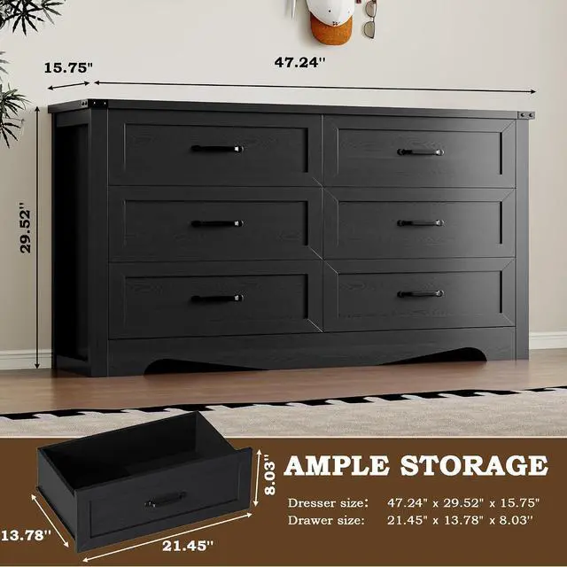 Alt view image 2 of 7 - 6-Drawer Dresser for Bedroom, Modern Wooden Chest of Drawers with Metal Handles, Anti-Tipping Design, Sturdy and Stable Storage Organizer for Living Room, Entryway, Home Office