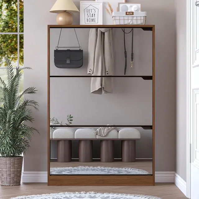 Alt view image 7 of 7 - Shoe Cabinet with 3-Flip Mirror Drawers, Freestanding Shoe Rack Organizer with Hidden Handle, Slim Narrow Shoe Storage Cabinet for Entryway, Entrance, Hallway, Bedroom