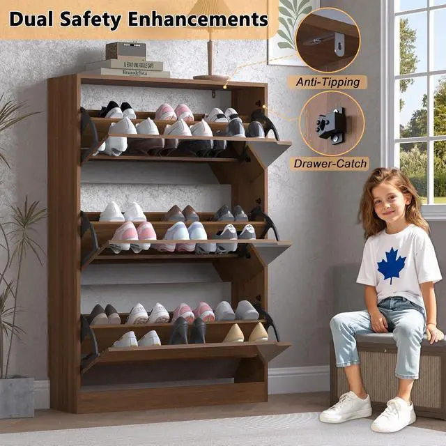 Alt view image 6 of 7 - Shoe Cabinet with 3-Flip Mirror Drawers, Freestanding Shoe Rack Organizer with Hidden Handle, Slim Narrow Shoe Storage Cabinet for Entryway, Entrance, Hallway, Bedroom