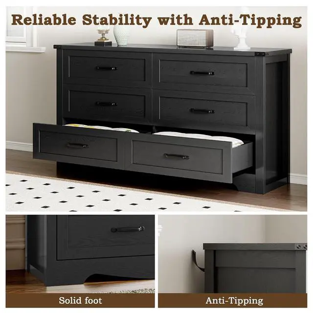 Alt view image 6 of 7 - 6-Drawer Dresser for Bedroom, Modern Wooden Chest of Drawers with Metal Handles, Anti-Tipping Design, Sturdy and Stable Storage Organizer for Living Room, Entryway, Home Office