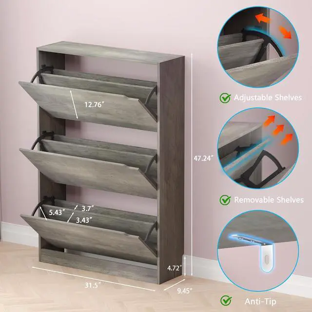Alt view image 2 of 7 - Shoe Cabinet with 3 Flip Drawers, Hidden Wood Shoe Cabinet,Freestanding Shoe Storage Cabinet for Entryway Hallway