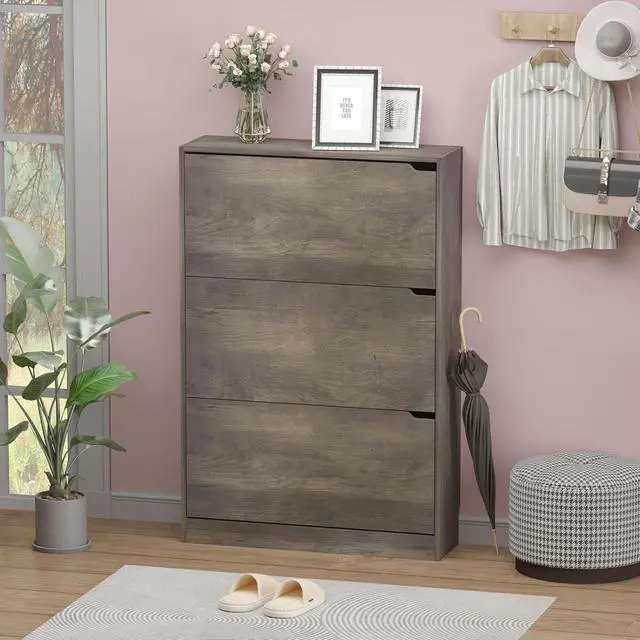 Alt view image 3 of 7 - Shoe Cabinet with 3 Flip Drawers, Hidden Wood Shoe Cabinet,Freestanding Shoe Storage Cabinet for Entryway Hallway