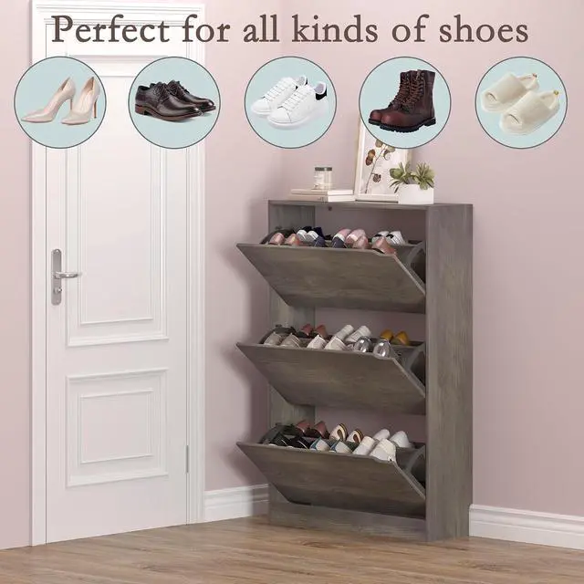 Alt view image 4 of 7 - Shoe Cabinet with 3 Flip Drawers, Hidden Wood Shoe Cabinet,Freestanding Shoe Storage Cabinet for Entryway Hallway