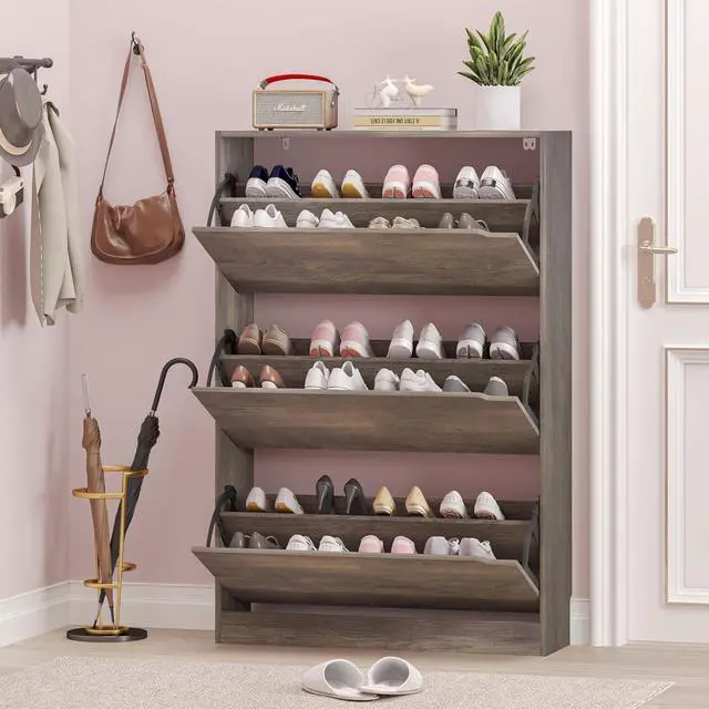 Alt view image 7 of 7 - Shoe Cabinet with 3 Flip Drawers, Hidden Wood Shoe Cabinet,Freestanding Shoe Storage Cabinet for Entryway Hallway