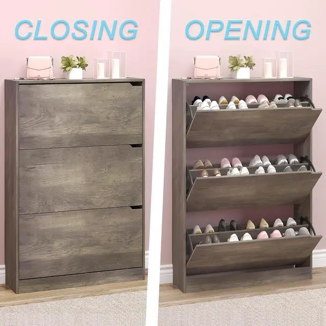 Alt view image 5 of 7 - Shoe Cabinet with 3 Flip Drawers, Hidden Wood Shoe Cabinet,Freestanding Shoe Storage Cabinet for Entryway Hallway