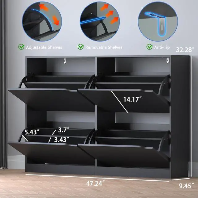 Alt view image 2 of 7 - Shoe Cabinet with 4 Flip Drawers, Narrow Hidden Shoe Storage Cabinet, Slim Freestanding Shoe Rack Organizer for Entryway, Hallway, Bedroom, Living Room