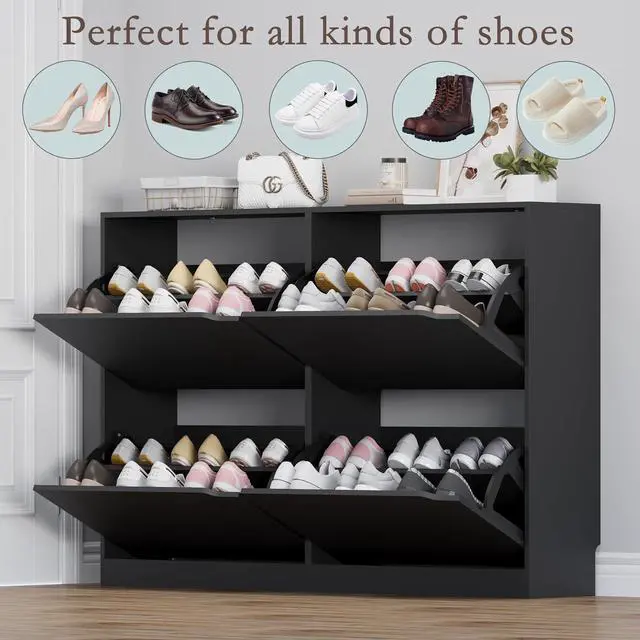 Alt view image 4 of 7 - Shoe Cabinet with 4 Flip Drawers, Narrow Hidden Shoe Storage Cabinet, Slim Freestanding Shoe Rack Organizer for Entryway, Hallway, Bedroom, Living Room