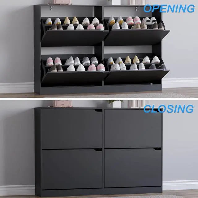 Alt view image 5 of 7 - Shoe Cabinet with 4 Flip Drawers, Narrow Hidden Shoe Storage Cabinet, Slim Freestanding Shoe Rack Organizer for Entryway, Hallway, Bedroom, Living Room