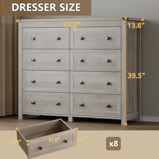 Alt view image 2 of 7 - Tall 8-Drawer Dresser, Modern Wooden Storage Chest of Drawers, Dresser TV Stand, Wood Drawer Organizer with Metal Handles for Bedroom, Living Room, Hallway