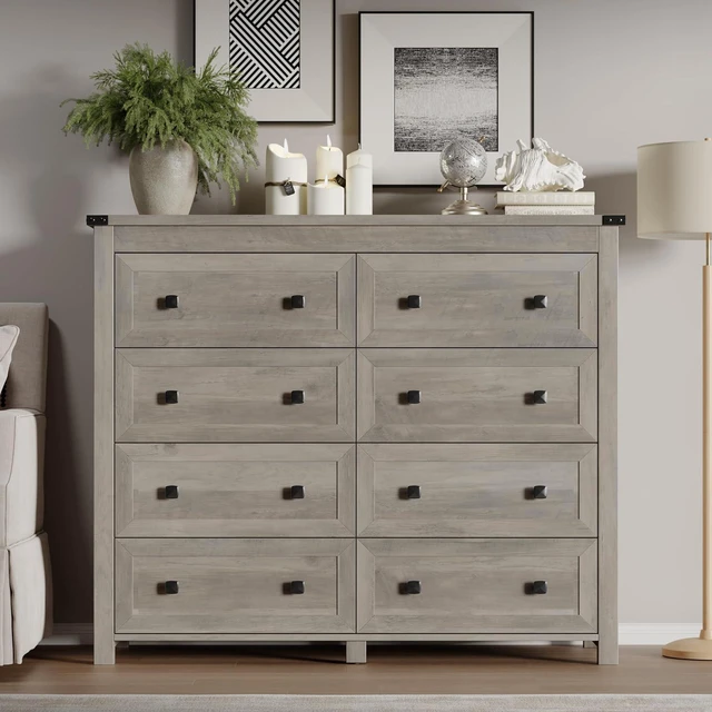 Alt view image 3 of 7 - Tall 8-Drawer Dresser, Modern Wooden Storage Chest of Drawers, Dresser TV Stand, Wood Drawer Organizer with Metal Handles for Bedroom, Living Room, Hallway