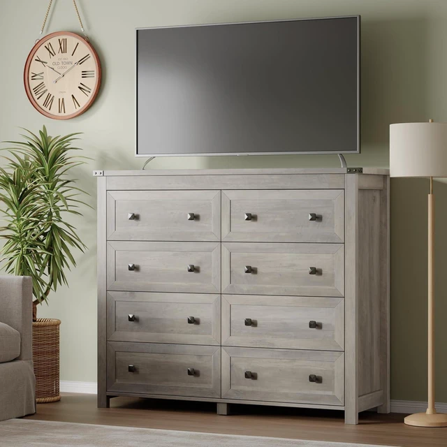 Alt view image 5 of 7 - Tall 8-Drawer Dresser, Modern Wooden Storage Chest of Drawers, Dresser TV Stand, Wood Drawer Organizer with Metal Handles for Bedroom, Living Room, Hallway