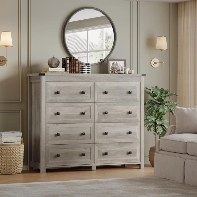 Alt view image 6 of 7 - Tall 8-Drawer Dresser, Modern Wooden Storage Chest of Drawers, Dresser TV Stand, Wood Drawer Organizer with Metal Handles for Bedroom, Living Room, Hallway