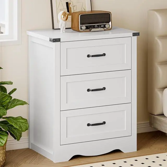 Main image of Night Stand with 3 Drawers, Wave Base Bedside Table Dresser with Metal Handles, Sturdy Wooden End Side Table Storage Cabinet with Anti-Tipping Design for Bedroom