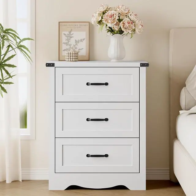 Alt view image 3 of 7 - Night Stand with 3 Drawers, Wave Base Bedside Table Dresser with Metal Handles, Sturdy Wooden End Side Table Storage Cabinet with Anti-Tipping Design for Bedroom