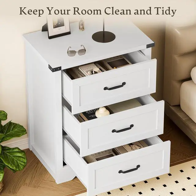 Alt view image 4 of 7 - Night Stand with 3 Drawers, Wave Base Bedside Table Dresser with Metal Handles, Sturdy Wooden End Side Table Storage Cabinet with Anti-Tipping Design for Bedroom