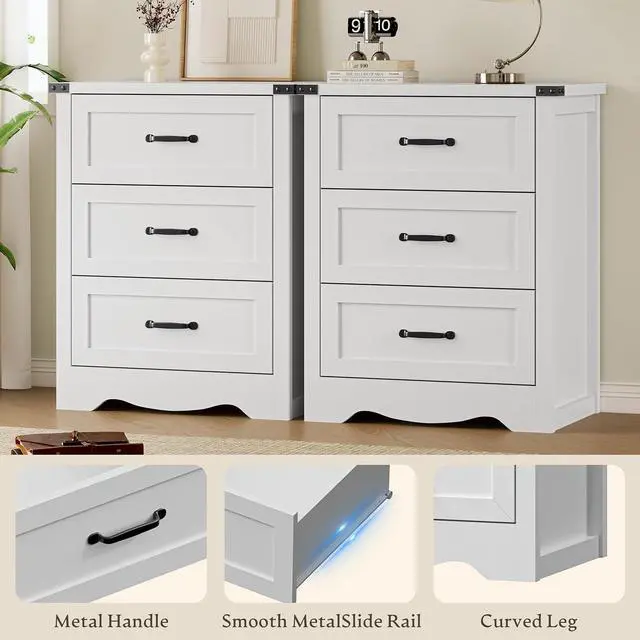 Alt view image 5 of 7 - Night Stand with 3 Drawers, Wave Base Bedside Table Dresser with Metal Handles, Sturdy Wooden End Side Table Storage Cabinet with Anti-Tipping Design for Bedroom