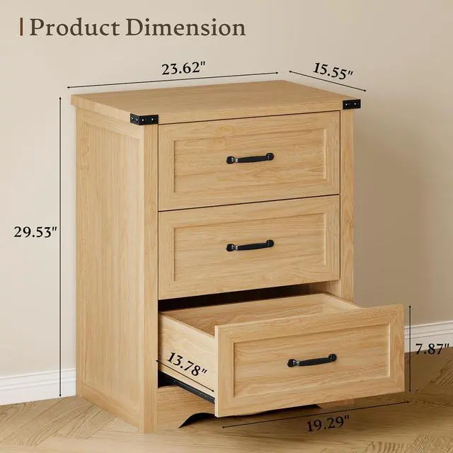 Alt view image 2 of 7 - Night Stand Set of 2, 3 Drawers Bedside Table Dresser with Metal Handles, Sturdy Wooden End Side Table Storage Cabinet with Anti-Tipping Design for Bedroom