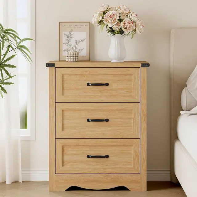 Alt view image 3 of 7 - Night Stand Set of 2, 3 Drawers Bedside Table Dresser with Metal Handles, Sturdy Wooden End Side Table Storage Cabinet with Anti-Tipping Design for Bedroom