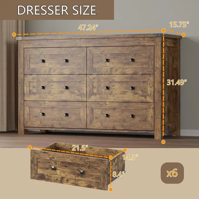 Alt view image 2 of 7 - 6-Drawer Dresser, Modern Wooden Storage Chest of Drawers, Dresser TV Stand, Wood Drawer Organizer with Metal Handles for Bedroom, Living Room, Hallway